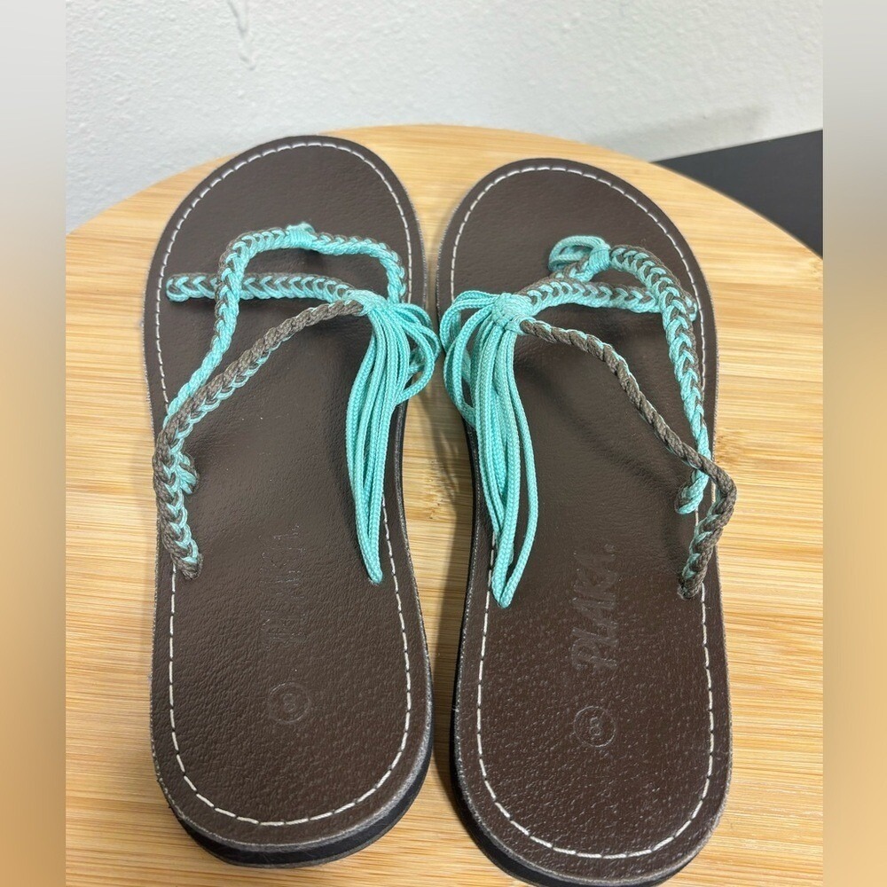 Plaka Oceanside Flat Sandals Size 8 Turquoise Brown Braided Rope Bohemian - Picture 4 of 8